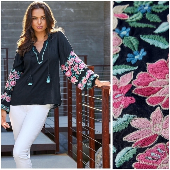 GORGEOUS BOSTON PROPER EMBROIDERED BALLOON SLEEVE V NECK BLOUSE - LIKE NEW - Picture 2 of 5